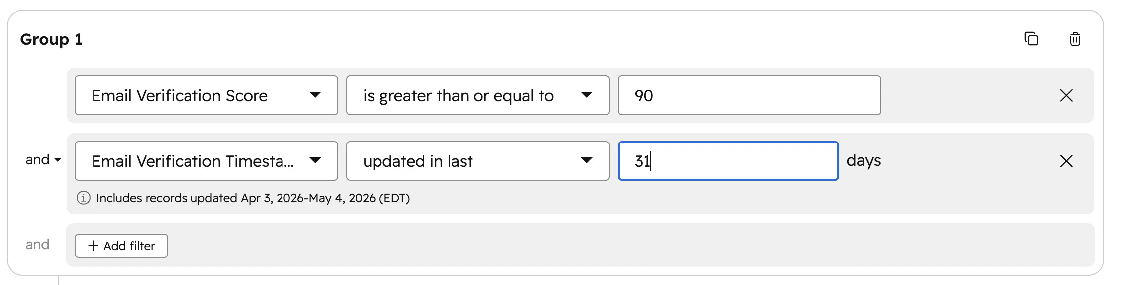 HubSpot list filter using Email Verification Score greater than or equal to 90