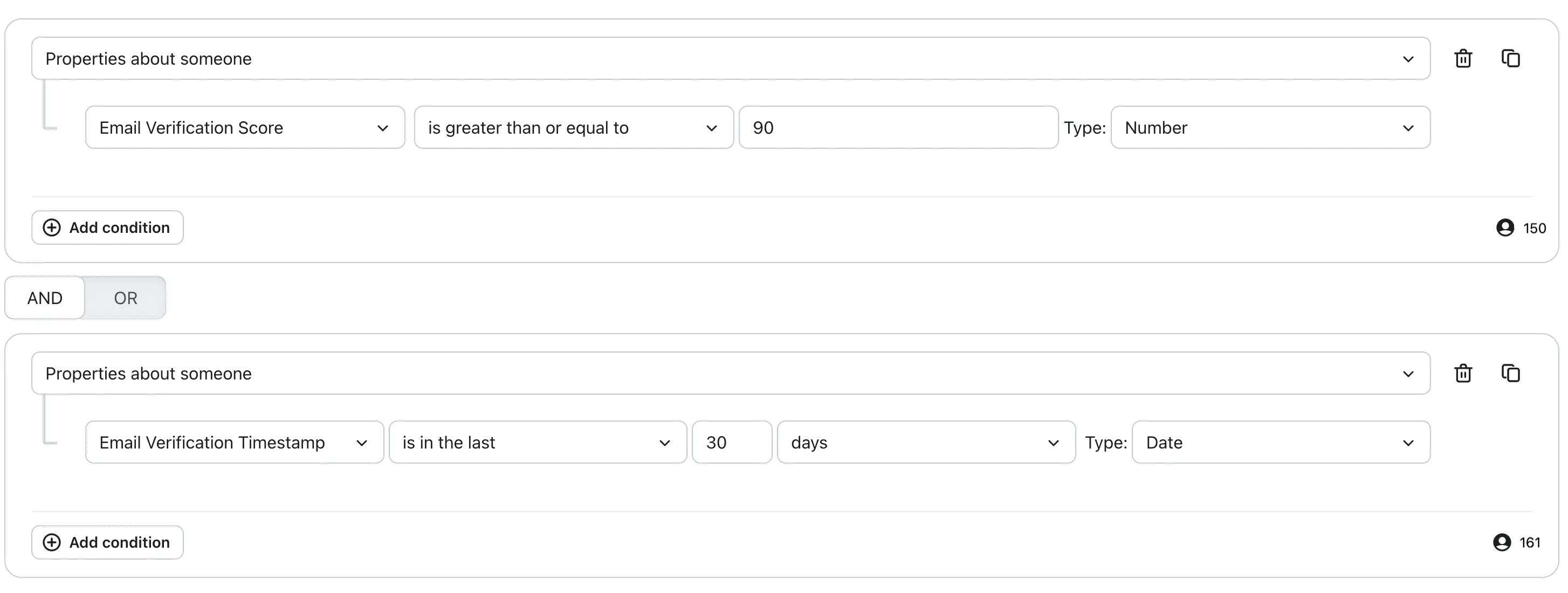 Klaviyo segment builder using Email Validation Score greater than or equal to 90